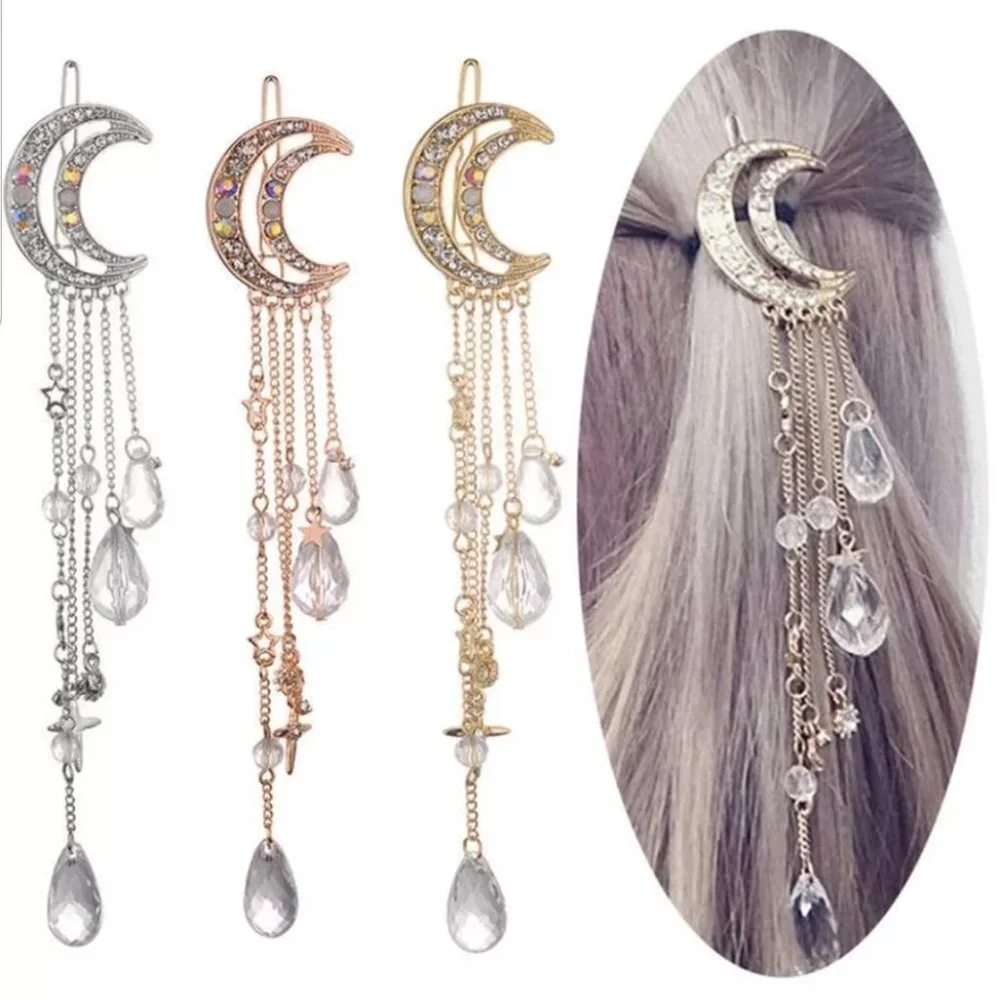Moon Hair Clip Iridescent Crystals Cross